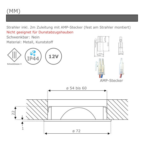 10 Stück - Flache LED Möbel Einbauleuchte New Lina 12V - 2W - 2 x LED Trafo und Verteiler