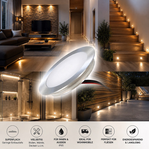 10er Set SMD Bodeneinbauspots 12Volt + 2 x LED Rundtrafo. Für Laminat, Parkett, Fliesen usw. Begehbar - IP67. Abwaschbar.