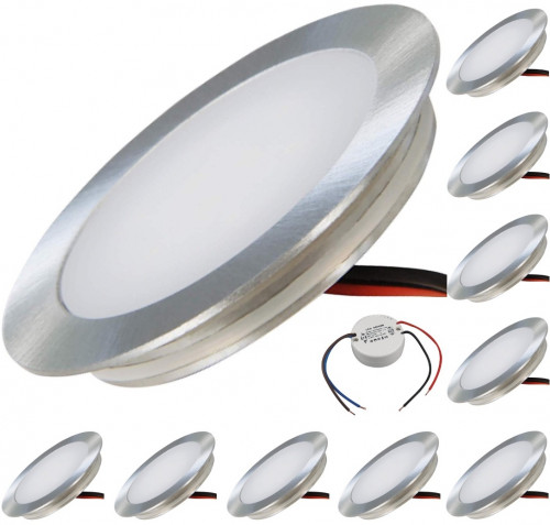 10er Set SMD Bodeneinbauspots 12Volt + LED Rundtrafo. Für Laminat, Parkett, Fliesen usw. Begehbar - IP67. Abwaschbar.