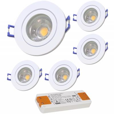 5er Set = 12Volt Bad Einbaustrahler Marina | IP44 | 3W | MCOB LED | inklusive LED Trafo 20Watt