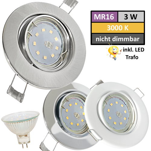 12Volt LED Einbaustrahler Tomas | 3Watt | Gu5.3 Sockel | MR16 Fassung | Mit LED Transformator