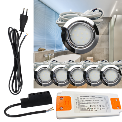 6er Set | Flache LED Möbel Einbauspots New Lina | 12V | 2W | LED Trafo | 230V Zuleitung