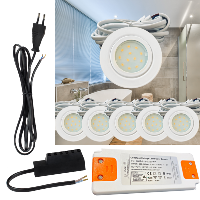 6er Set | Flache LED Möbel Einbauspots New Lina | 12V | 2W | LED Trafo | 230V Zuleitung mit Schnurschalter