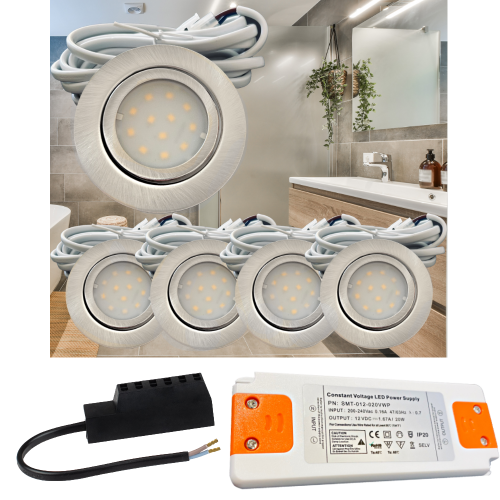 5er Set | Flache LED Möbel Einbauspots New Lina | 12V | 2W | LED Trafo | 72mm