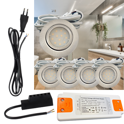5er Set | Flache LED Möbel Einbauspots New Lina | 12V | 2W | LED Trafo | 230V Zuleitung