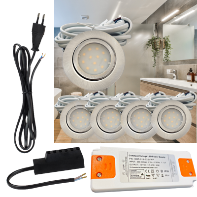 5er Set | Flache LED Möbel Einbauspots New Lina | 12V | 3W | LED Trafo | 230V Zuleitung