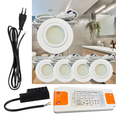 5er Set | Flache LED Möbel Einbauspots New Lina | 12V | 2W | LED Trafo | 230V Zuleitung