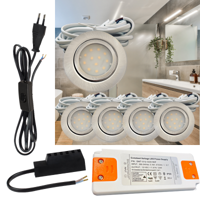 5er Set | Flache LED Möbel Einbauspots New Lina | 12V | 3W | LED Trafo | 230V Zuleitung mit Schnurschalter