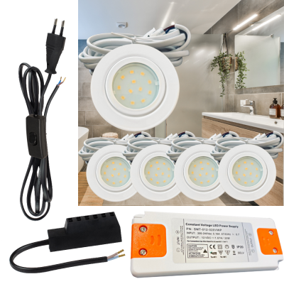 5er Set | Flache LED Möbel Einbauspots New Lina | 12V | 2W | LED Trafo | 230V Zuleitung mit Schnurschalter