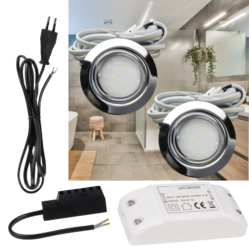 2er Set | Flache LED Möbel Einbauspots New Lina | 12V | 2W | LED Trafo | 230V Zuleitung