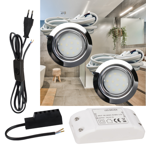2er Set | Flache LED Möbel Einbauspots New Lina | 12V | 2W | LED Trafo | mit Schnurschalter