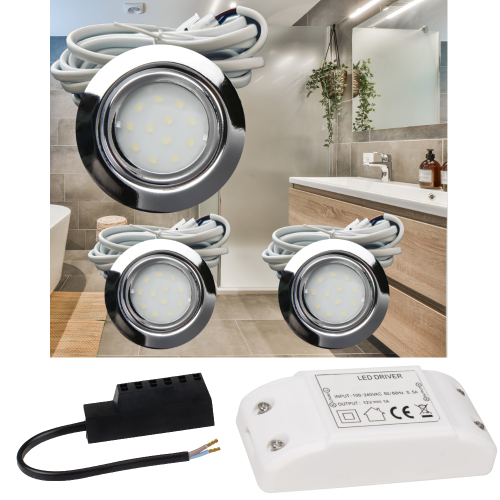 3er Set | Flache LED Möbel Einbauspots New Lina | 12V | 2W | LED Trafo | 72mm