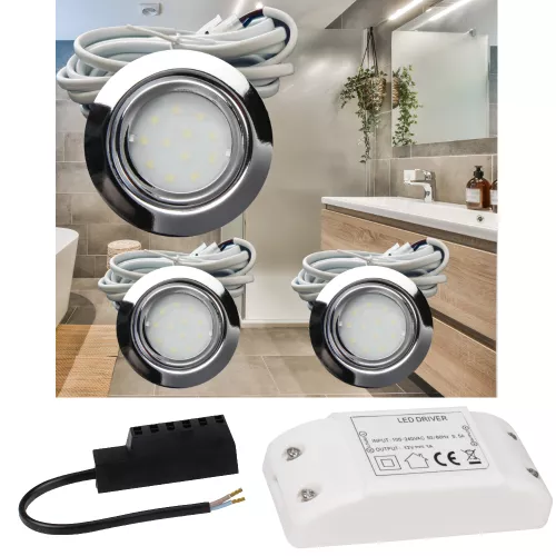 3er Set | Flache LED Möbel Einbauspots New Lina | 12V | 2W | LED Trafo | 72mm
