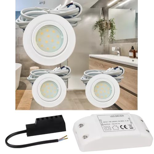 3er Set | Flache LED Möbel Einbauspots New Lina | 12V | 2W | LED Trafo | 72mm