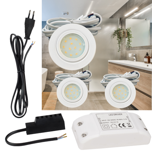 3er Set | Flache LED Möbel Einbauspots New Lina | 12V | 2W | LED Trafo | 230V Zuleitung