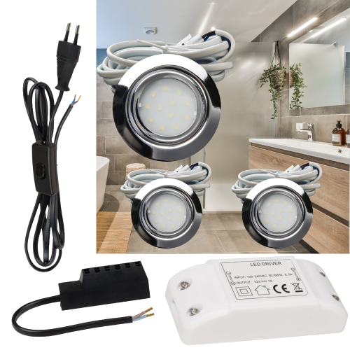 3er Set | Flache LED Möbel Einbauspots New Lina | 12V | 2W | LED Trafo | mit Schnurschalter