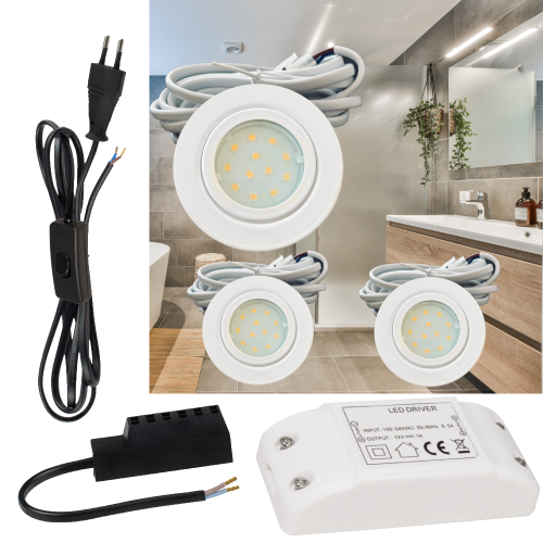3er Set | Flache LED Möbel Einbauspots New Lina | 12V | 2W | LED Trafo | mit Schnurschalter