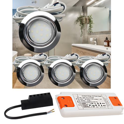 4er Set | Flache LED Möbel Einbauspots New Lina | 12V | 2W | LED Trafo | 72mm