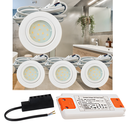 4er Set | Flache LED Möbel Einbauspots New Lina | 12V | 2W | LED Trafo | 72mm