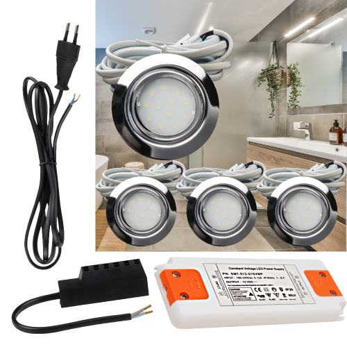 4er Set | Flache LED Möbel Einbauspots New Lina | 12V | 2W | LED Trafo | 230V Zuleitung