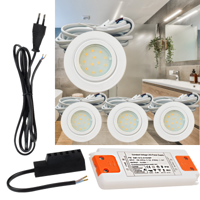 4er Set | Flache LED Möbel Einbauspots New Lina | 12V | 2W | LED Trafo | 230V Zuleitung