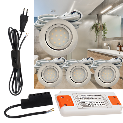 4er Set | Flache LED Möbel Einbauspots New Lina | 12V | 3W | LED Trafo | mit Schnurschalter