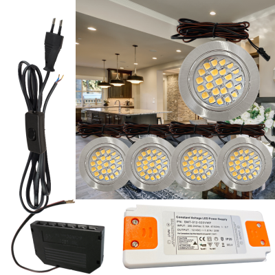 5 Stück Flache LED Möbel Einbaustrahler Mira - 12V - 2,4W - 230V Zuleitung mit Schnurschalter