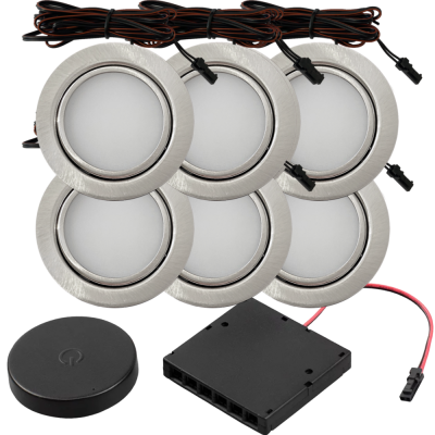 6er Set Flache LED Möbel Einbauspots Milena 12V - 3W - mit Dimmer und Fernbedienung