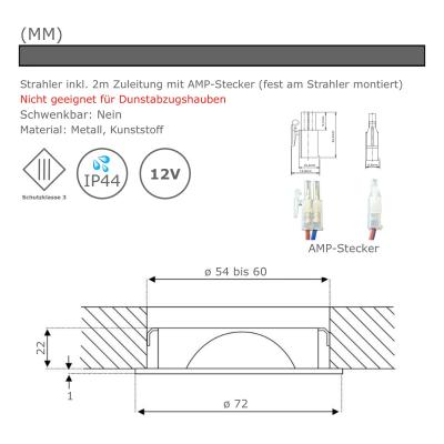 6er Set | Flache LED Möbel Einbauspots New Lina | 12V | 2W | LED Trafo | 230V Zuleitung