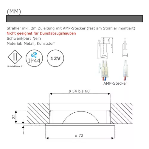 4er Set | Flache LED Möbel Einbauspots New Lina | 12V | 2W | LED Trafo | 72mm