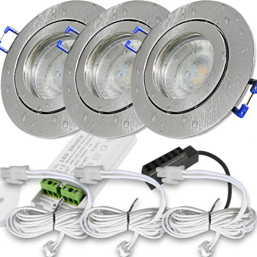 12V LED Einbaustrahler Set Marina IP44 3er Set 3W GU5.3 MR16 120cm AMP Kabel inkl. Trafo