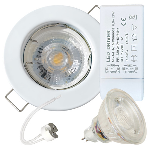 12Volt MCOB LED Einbaustrahler Tom | 5Watt | Gu5.3 Sockel | MR16 Fassung | Mit LED Trafo