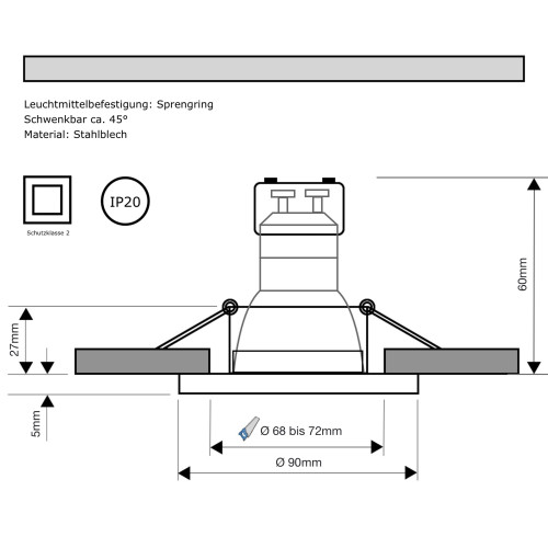 230Volt / Decken- Einbauspot Tomas / 7Watt / LED Leuchtmittel / Gu10 / Stufenlos DIMMBAR