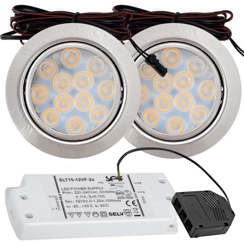 2er Set / Flache LED Einbauspots Lina / 12Volt / 3W / Kabelbaum / Stecker/ Verteilerleiste / LED Trafo / Einbautiefe nur 12mm