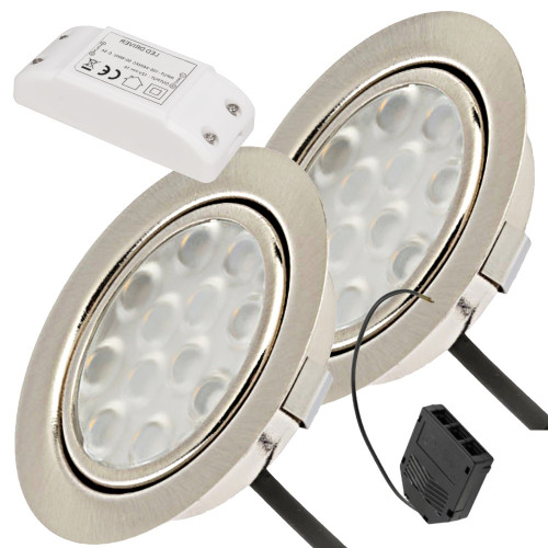 2er Set / Flache LED Einbauspots Lina / 12Volt / 3W / Kabelbaum / Stecker/ Verteilerleiste / LED Trafo / Einbautiefe nur 15mm