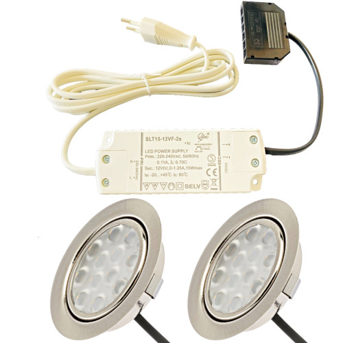 2er Set / Flache LED Einbauspots Lina / 12Volt / 3W / Kabelbaum / Stecker/ Verteilerleiste / LED Trafo vormontiert