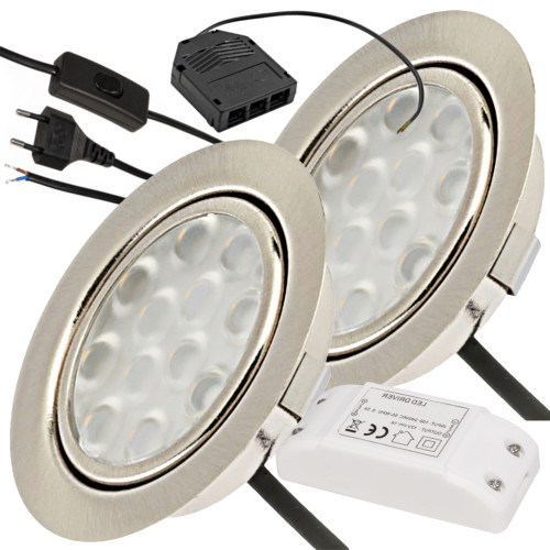 2er Set / Flache LED Einbauspots Lina / 12Volt / 3W / LED Trafo / 230V Netzkabel mit Schnurschalter