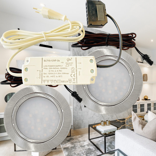 2er Set / Flache LED Einbauspots Mila / 12Volt / 3W / Kabelbaum / Stecker/ Verteilerleiste / LED Trafo vormontiert