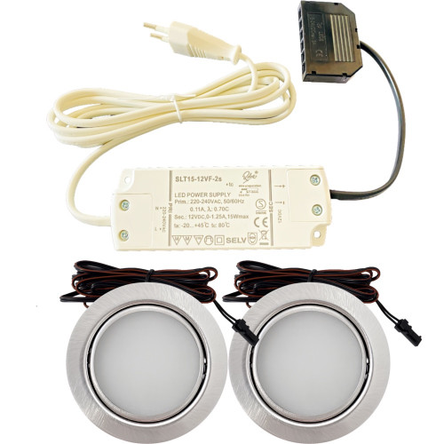 2er Set / Flache LED Einbauspots Milena / 12Volt / 3W / Kabelbaum / Stecker/ Verteilerleiste / LED Trafo vormontiert