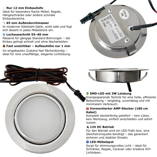2er Set / Flache LED Einbauspots Milena / 12Volt / 3W / Kabelbaum / Stecker/ Verteilerleiste / LED Trafo vormontiert