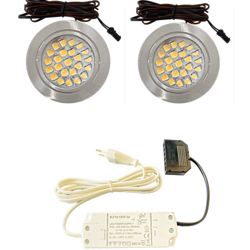 2er Set / Flache LED Einbauspots Mira / 12Volt / 2,4W / Kabelbaum / Stecker/ Verteilerleiste / LED Trafo vormontiert