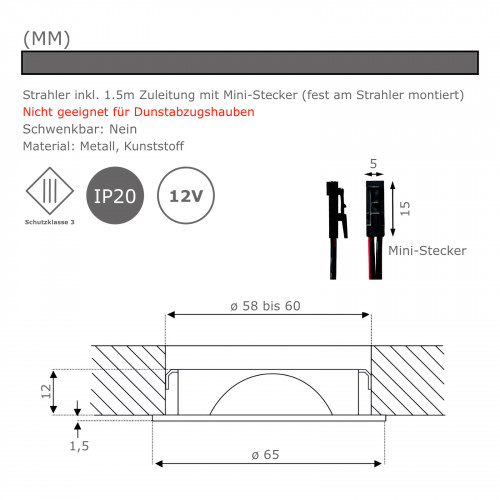 2er Set / Flache LED Einbauspots Mira / 12Volt / 2,4W / Kabelbaum / Stecker/ Verteilerleiste / LED Trafo vormontiert