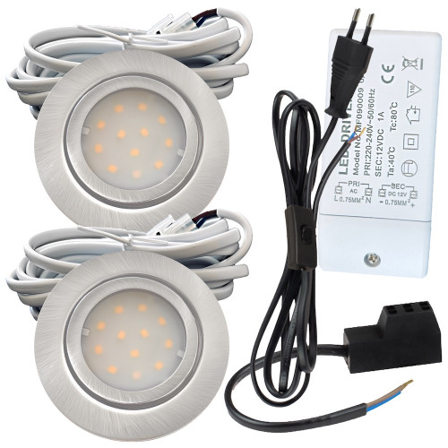 2er Set | Flache LED Möbel Einbauspots New Lina | 12V | 2W | LED Trafo | mit Schnurschalter