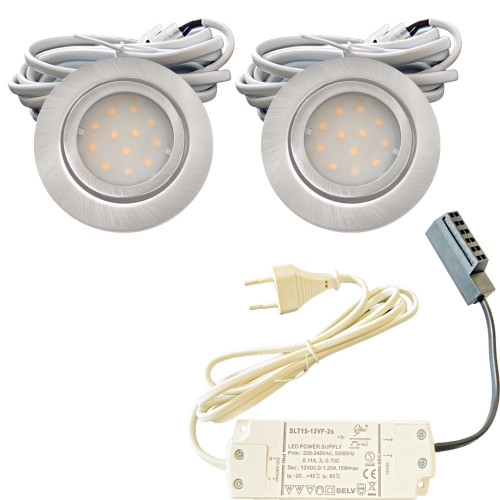 2er Set Flache LED-Möbel-Einbauspots New Lina, IP44, 12V, 2W, inklusive Plug & Play Trafo.