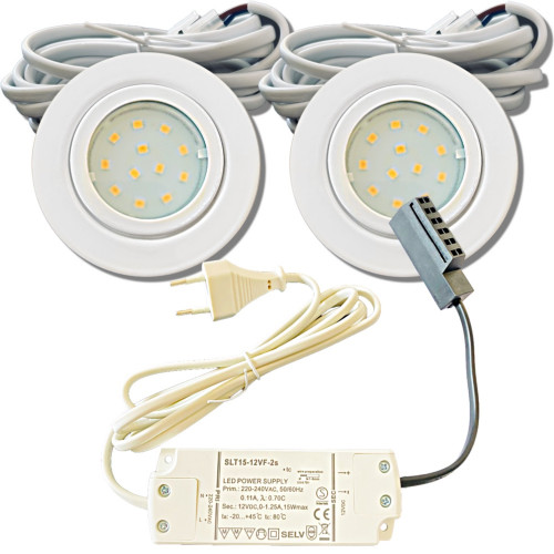 2er Set Flache LED-Möbel-Spots New Lina IP44, 12V, 2,2W, inklusive Plug & Play Trafo. Weiß