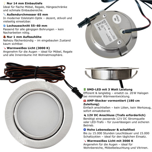 3 Stück - Flache LED Möbel Einbauleuchte Milena 12Volt - 3Watt - 190Lumen - Milchglas