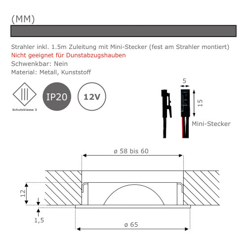 3 Stück Flache LED Möbel-Einbaustrahler Mila 12V - 2,4W - LED Trafo - 230V Zuleitung