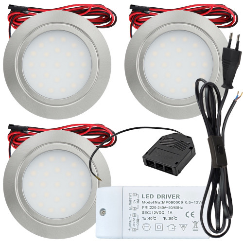 3 Stück Flache LED Möbel-Einbaustrahler Mila 12V - 2,4W - LED Trafo - 230V Zuleitung mit Schnurschalter