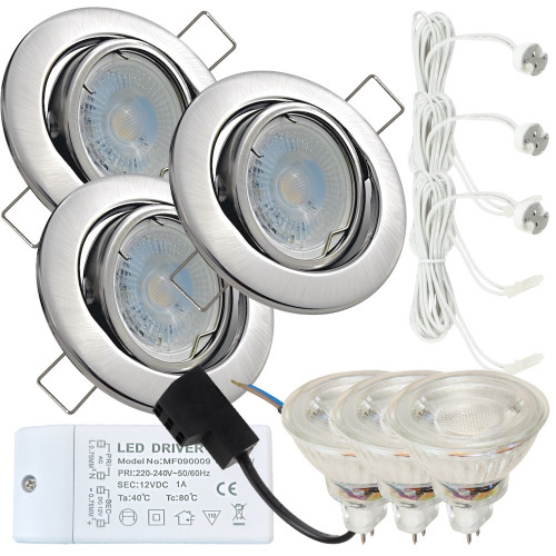 3er LED Einbaustrahler „Tomas“ – 12V, 3W, schwenkbar, GU5.3 MR16, inkl. AMP-System & Trafo