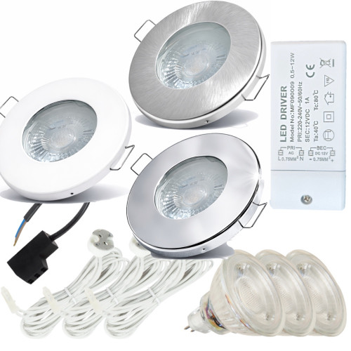 3er Set 3W LED Einbaustrahler IP65 12V inkl Trafo & 120cm Kabel